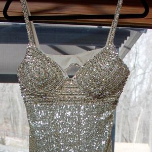 Le Femme Gold Fully Beaded Long Dress